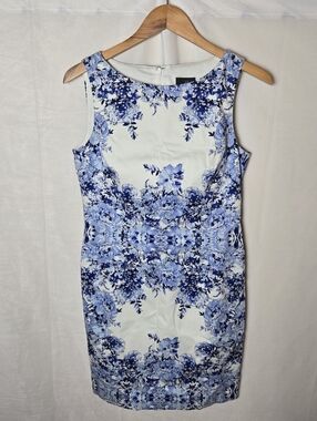 Adrianna Papell Petite Sheath Dress Floral Print Blue White Size 8P